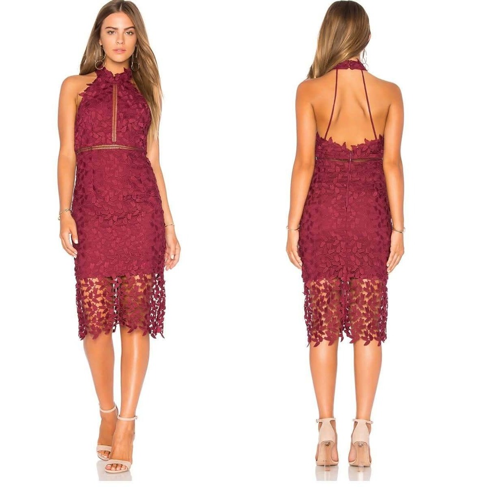 Bardot Lace Midi Dress Womens 6 Burgundy Halter Neck Leaf Embroidery Sheath